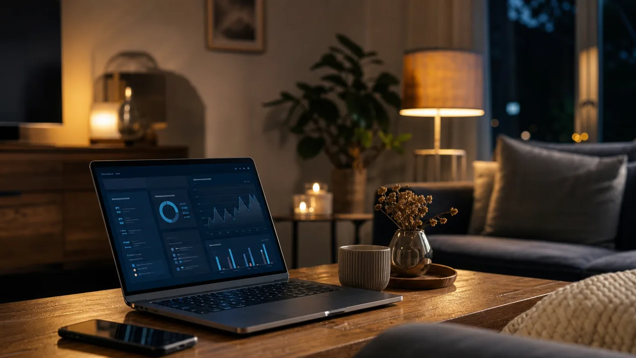Écran d'ordinateur portable affichant une interface bancaire avec un smartphone posé à côté, ambiance calme et domestique