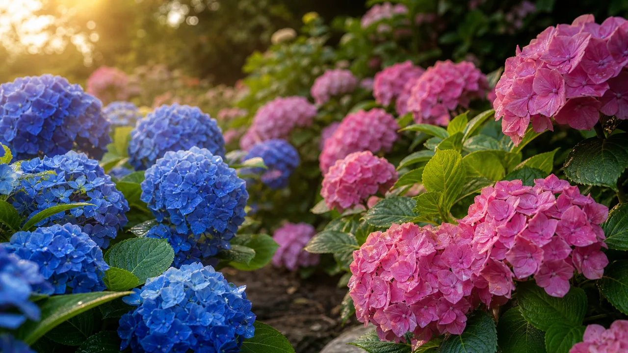 Massif d'hortensias bleus et roses côte à côte dans un jardin, gros plan sur les fleurs en boule sous une lumière douce