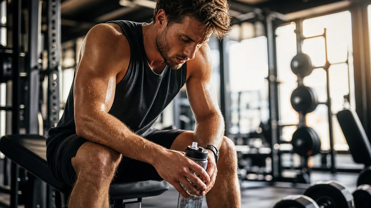 Un homme assis sur un banc de musculation, essoufflé et en sueur après une série intense, tenant sa gourde entre les mains