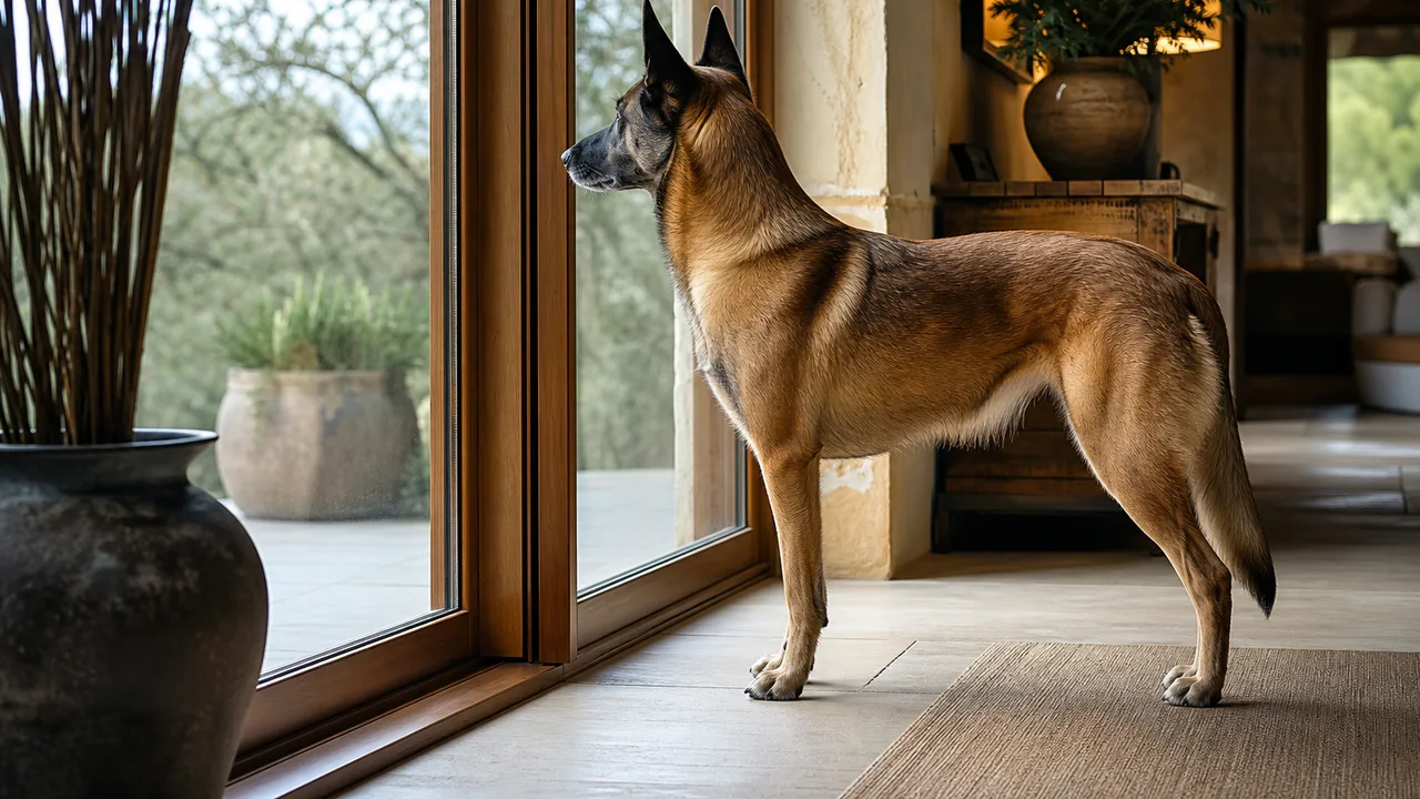 Chien debout près d'une porte d'entrée, oreilles dressées, regardant vers l'extérieur par la fenêtre, intérieur lumineux