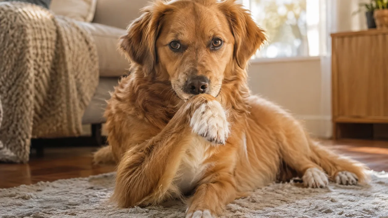 Chien au poil doré couché sur un tapis de salon, une patte avant levée vers son museau, lumière naturelle douce de fin de journée