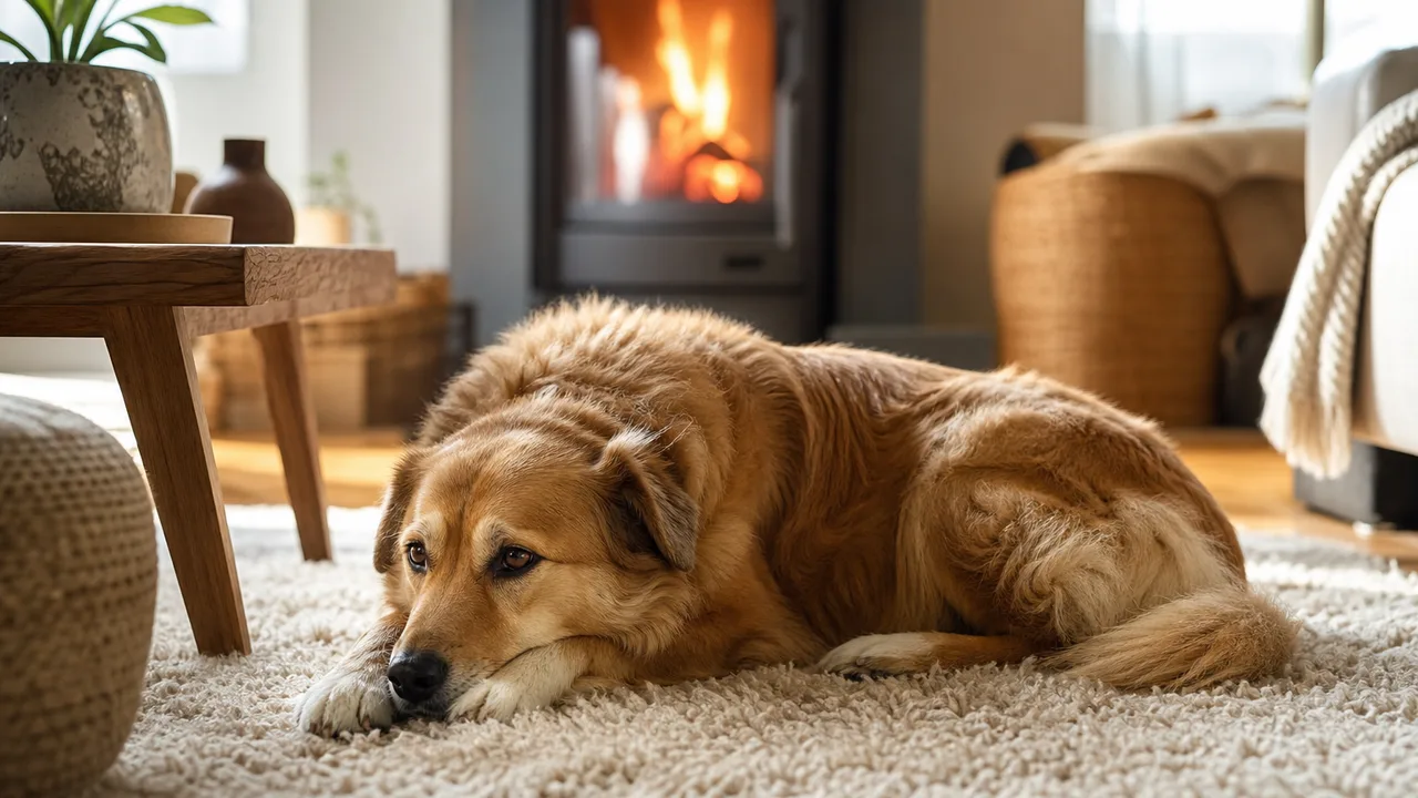 Chien couché confortablement sur un tapis dans un salon chaleureux, lumière naturelle