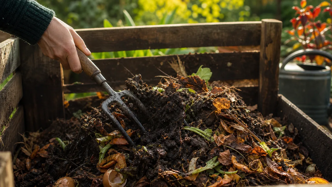 Composteur en bois dans un jardin, main tenant une fourchette à compost au-dessus de matières organiques en décomposition, lumière naturelle