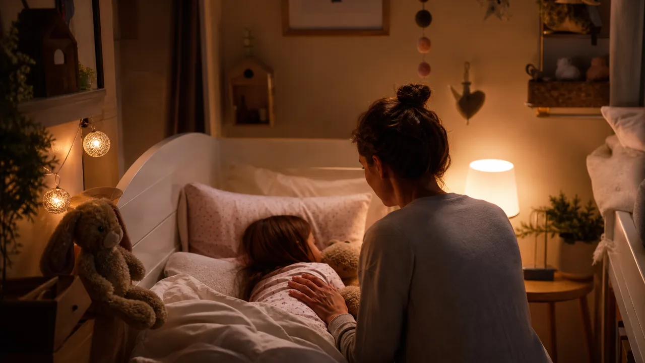 Parent assis au bord du lit d'un enfant dans une chambre douillette, veilleuse allumée, ambiance rassurante