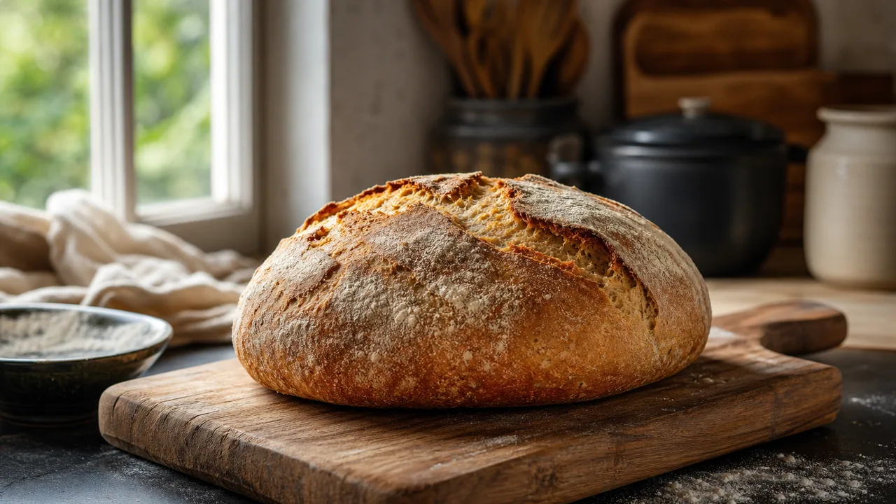 Miche de pain maison à la croûte dorée, posée sur une planche en bois dans une cuisine baignée de lumière naturelle