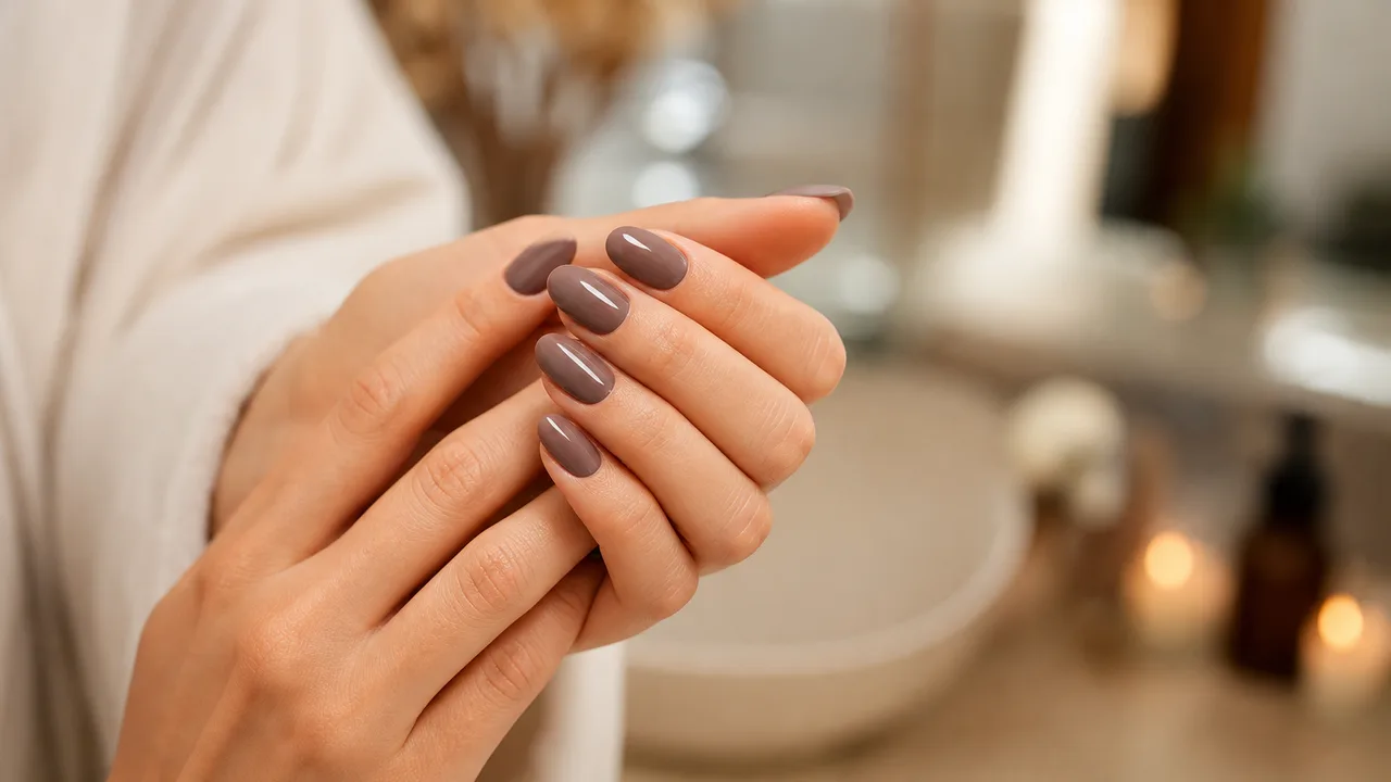 Mains avec manucure semi-permanente soignée, lumière naturelle, gros plan sur les ongles