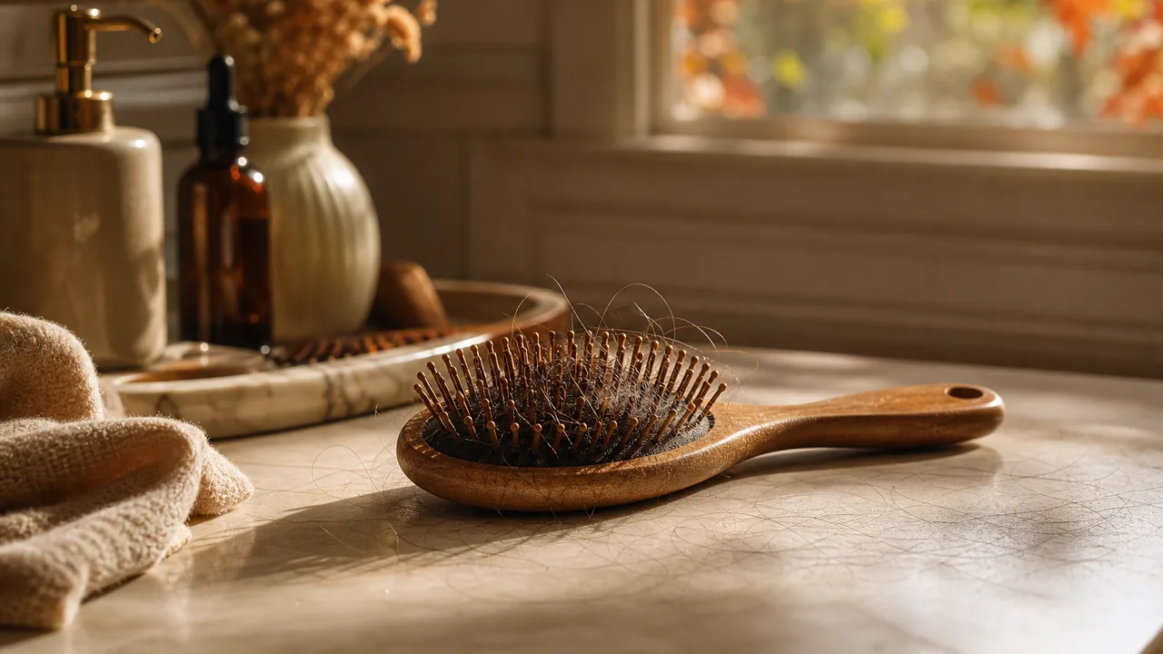 Brosse à cheveux posée sur une coiffeuse en bois avec quelques mèches de cheveux, lumière douce d'automne