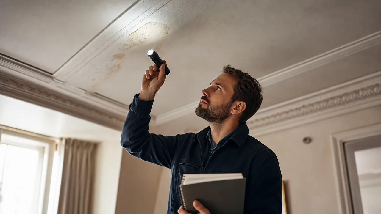 Diagnostiqueur immobilier examinant une plaque de faux plafond dans un appartement ancien, lumière naturelle douce