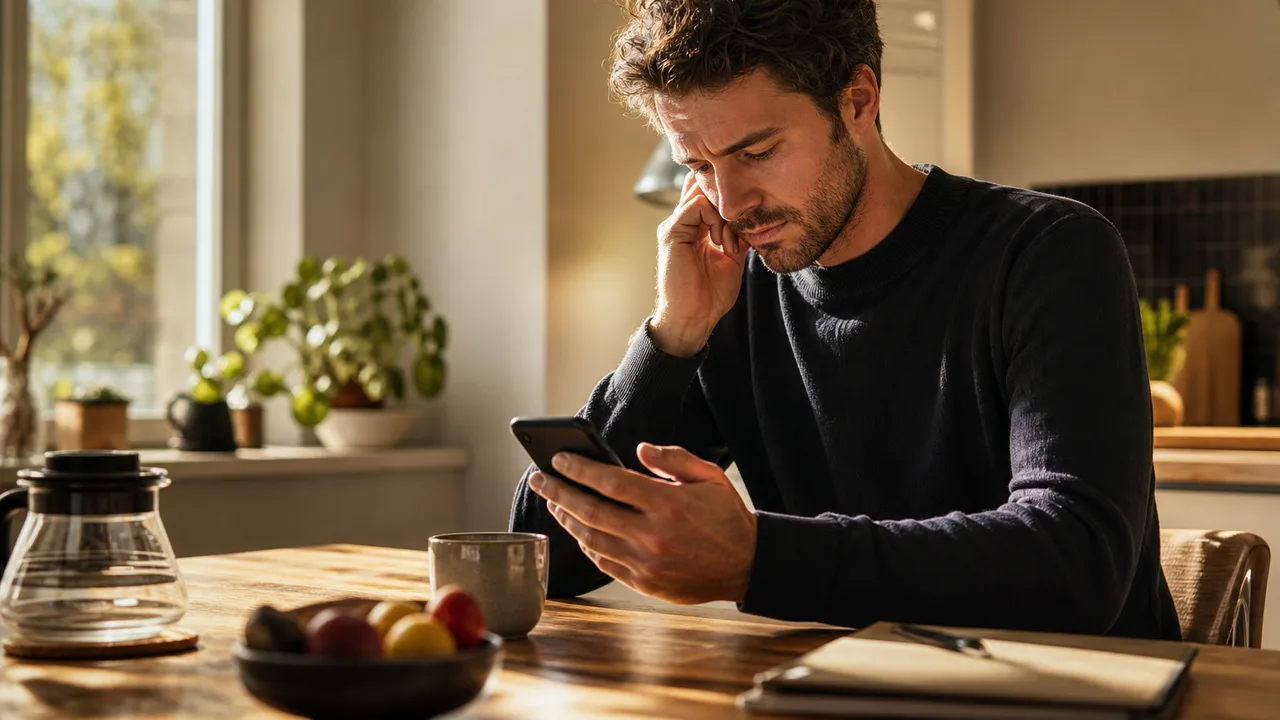 Un homme consulte son application bancaire sur son smartphone à la table de sa cuisine, l'air préoccupé en attendant un virement