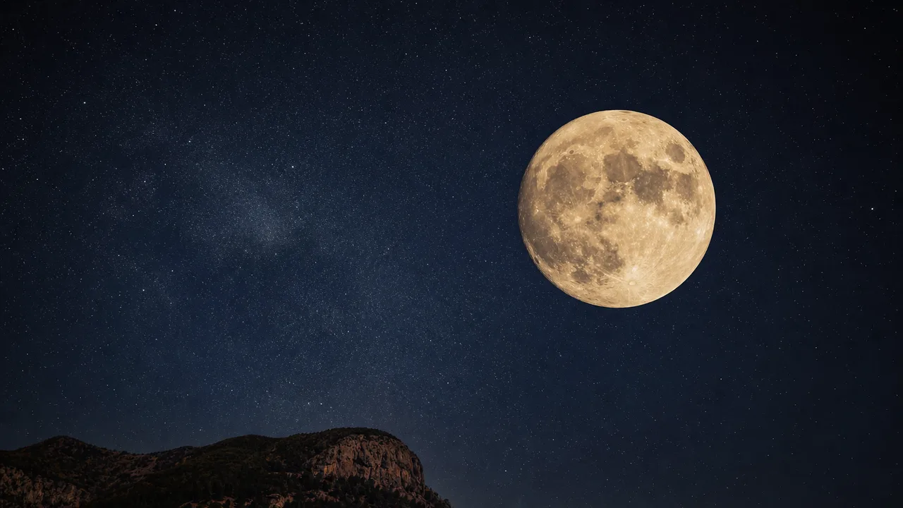 Pleine lune détaillée dans un ciel nocturne dégagé, cratères et mers lunaires visibles, vue depuis la Terre