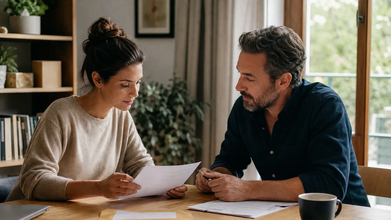 Deux personnes discutant autour d'une table avec des documents et une facture impayée