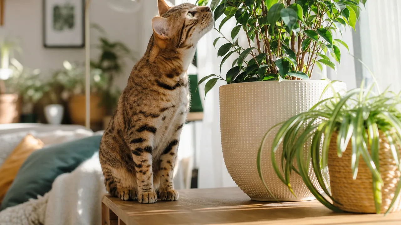 Chat curieux reniflant des plantes vertes d'intérieur posées sur une étagère dans un salon lumineux