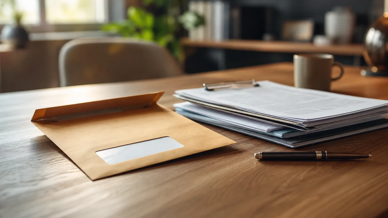 Lettre recommandée et documents contractuels posés sur une table en bois, stylo à côté, lumière naturelle