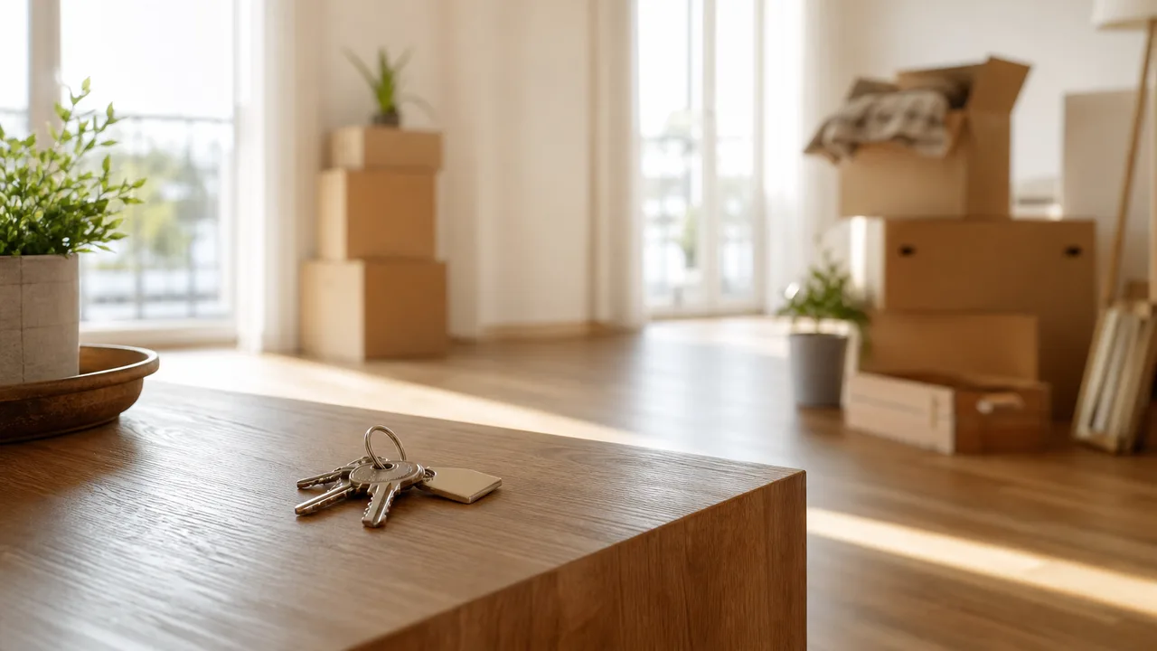 Trousseau de clés posé sur une table basse dans un appartement vide et lumineux, cartons de déménagement en arrière-plan
