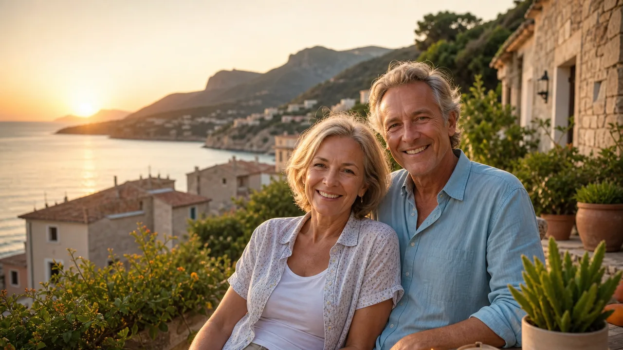 Couple de retraités souriant sur une terrasse en bord de mer au soleil couchant