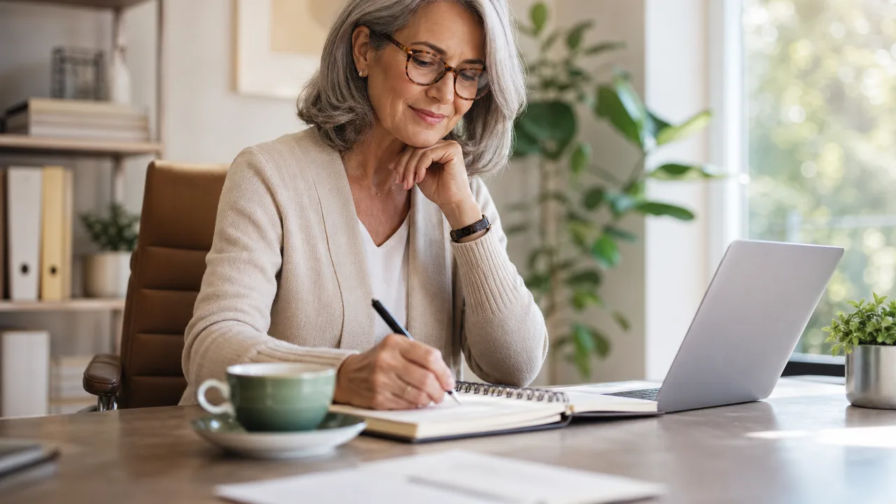 Personne d'une soixantaine d'années travaillant tranquillement à mi-temps dans un bureau lumineux, tasse de thé à côté d'un agenda