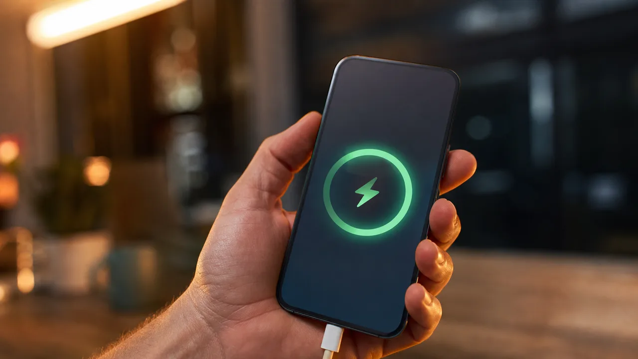 Main tenant un smartphone dont l'écran affiche un pourcentage de batterie, lumière chaude