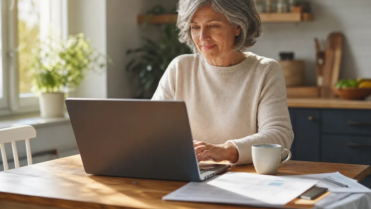 Personne consultant son relevé de carrière retraite sur un ordinateur portable, à la table de sa cuisine