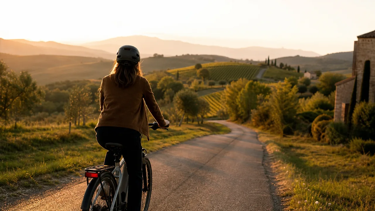 Cycliste roulant sur un vélo électrique le long d'une route de campagne vallonnée, lumière douce de fin d'après-midi