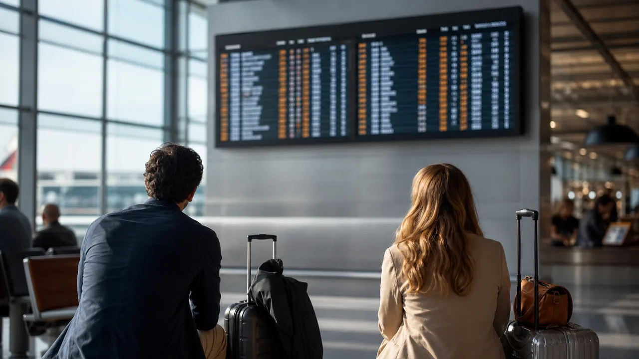 Voyageurs assis dans un hall d'aéroport devant un panneau d'affichage des vols, ambiance calme, lumière naturelle